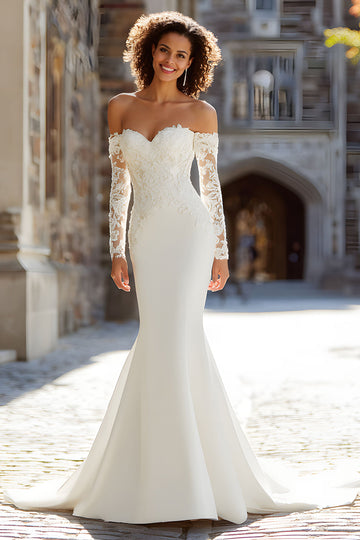 White Long Sleeve Mermaid Wedding Dress with Lace